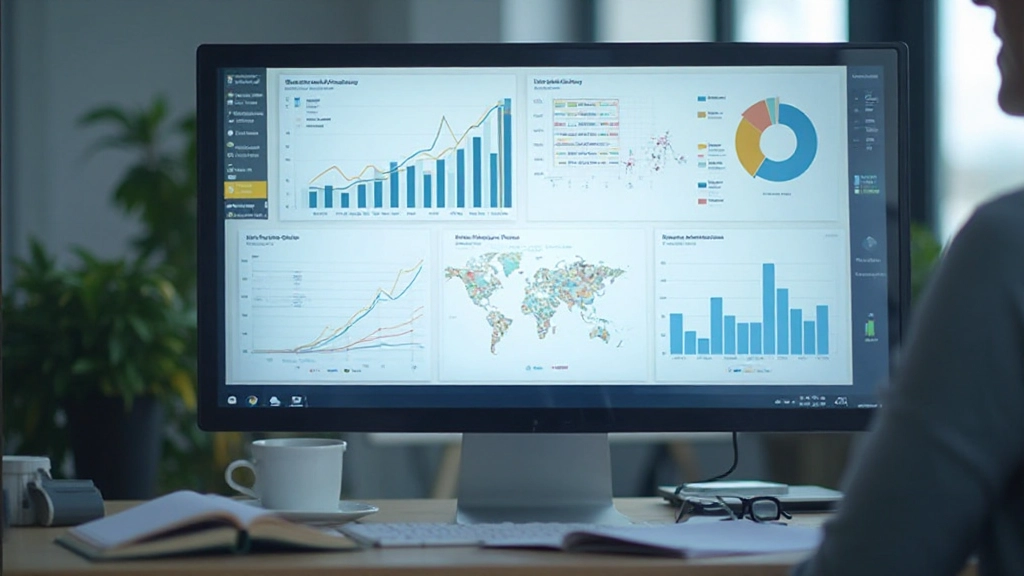 Dashboard met grafieken en analytics weergegeven op computermonitor, werkstation voor data-analyse en voortgangbewaking