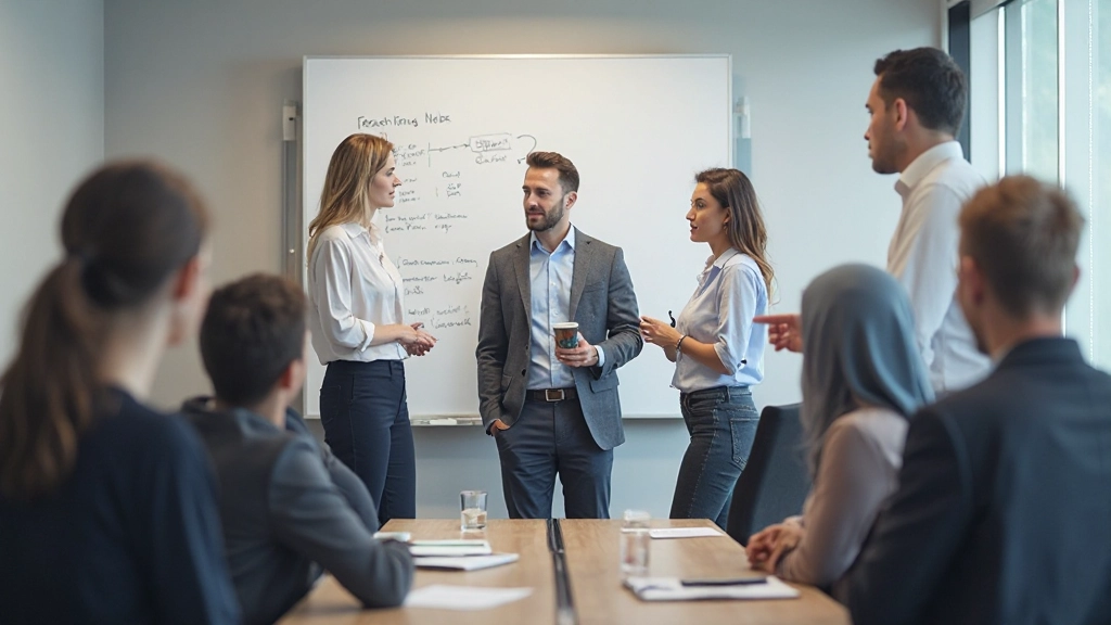 Teammeeting in moderne kantooromgeving, mensen bespreken metricsresultaten op whiteboard
