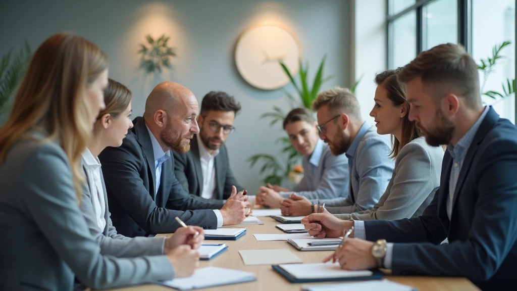 Team in vergaderingszaal rond tafel met notitieblokken en laptops, samenwerkingssessie
