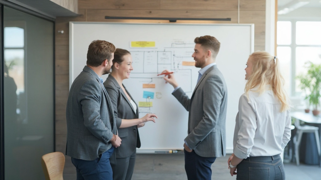 Professioneel kantoor met strategische planning aan whiteboard