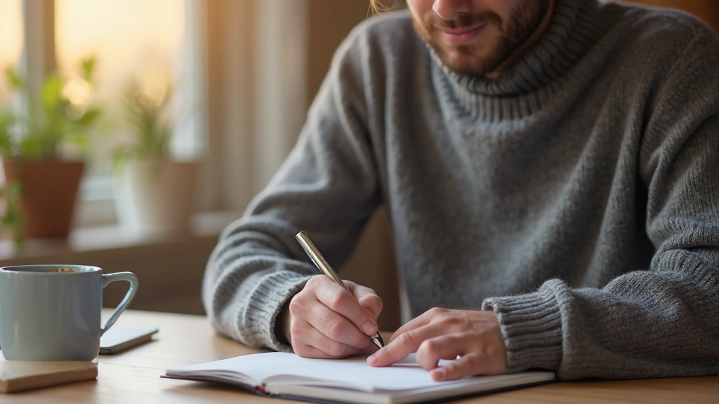 Persoon aan houten bureau met notitieboek, pen en koffiekopje, notities schrijvend in dagboek
