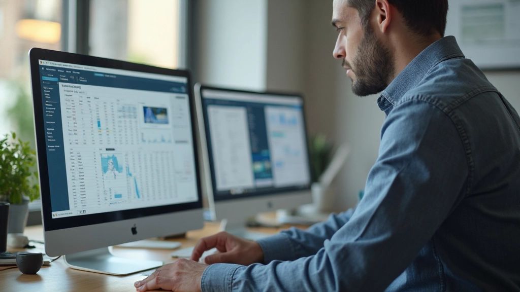 Persoon werkt aan spreadsheet met grafieken en metricsgegevens, analytisch werkstation