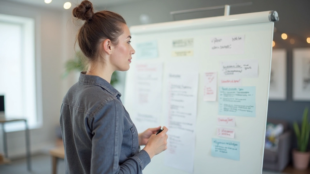 Iemand die een stappenplan visualiseert met kleurrijke notities en progress tracking op een whiteboard