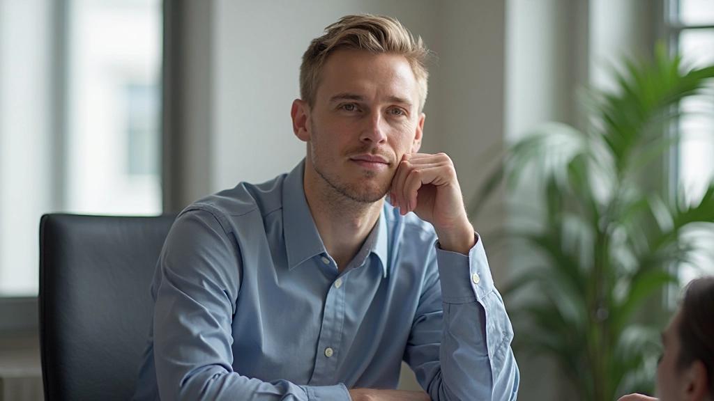 Persoon in professioneel pak leunt achterover in bureaustoel, nadenken en reflecteren