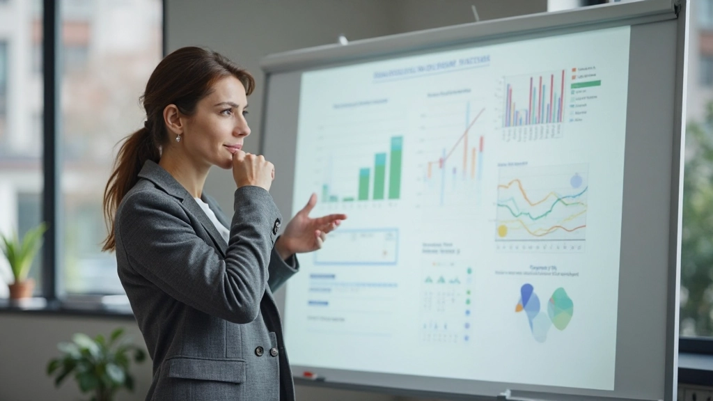 Professionele vrouw in grijs pak, staand voor whiteboard met grafieken en doelstellingen, analyseren van voortgang