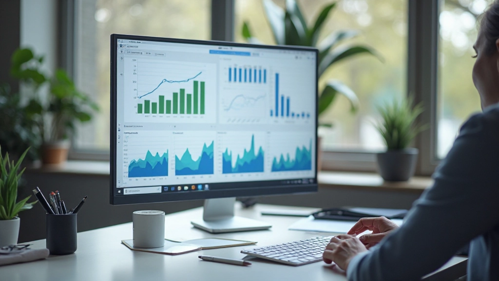 Dashboard met grafieken en analytics op computermonitor, werkstation voor data-analyse
