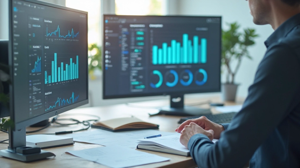 Moderne werkplek met computer, notities en analytische dashboards op het scherm, strategische planning in voortgang